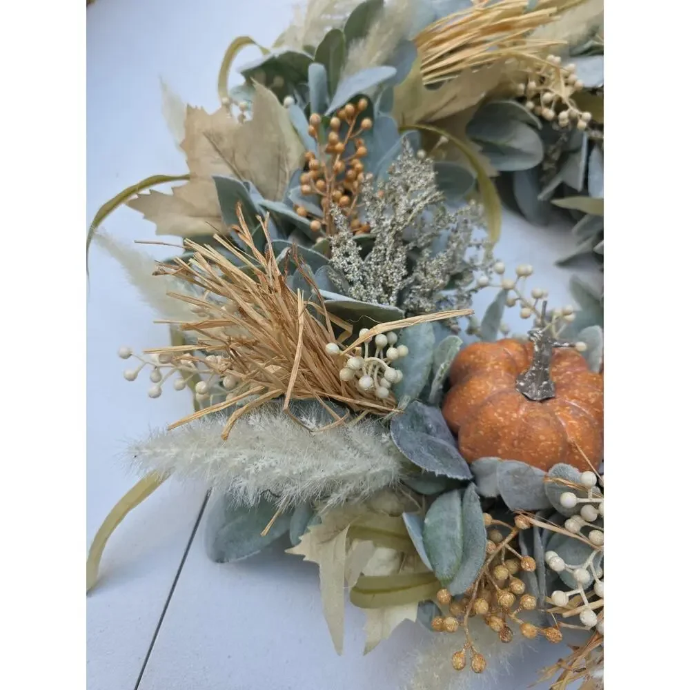 Fall Pumpkin Wreath: Boho Pampas Grass, Neutral Autumn Decor 20